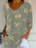 Women's Three Quarter Sleeve T-shirt Spring/Fall Green Floral Printing V Neck Daily Going Out Casual Top