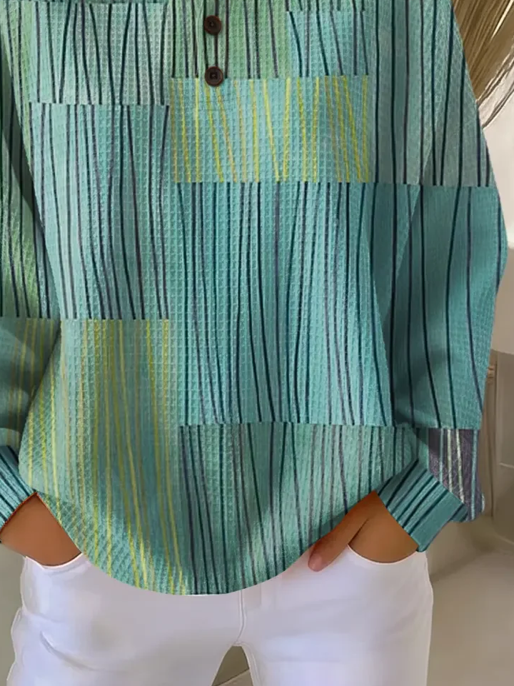 Women's Abstract Print Button-Up Casual Waffle Knit Sweatshirt