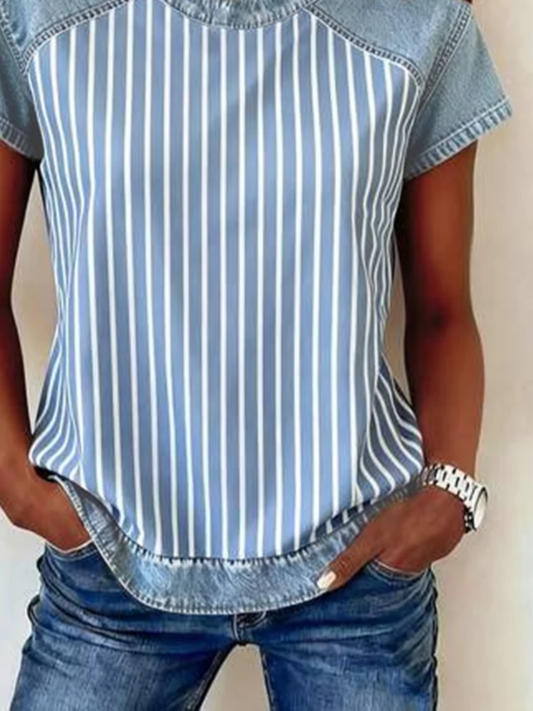 Women's Short Sleeve T-shirt Summer Blue Striped Printing Crew Neck Daily Going Out Vintage Top