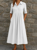 Linen Plain Shirt Collar Casual Dress With No