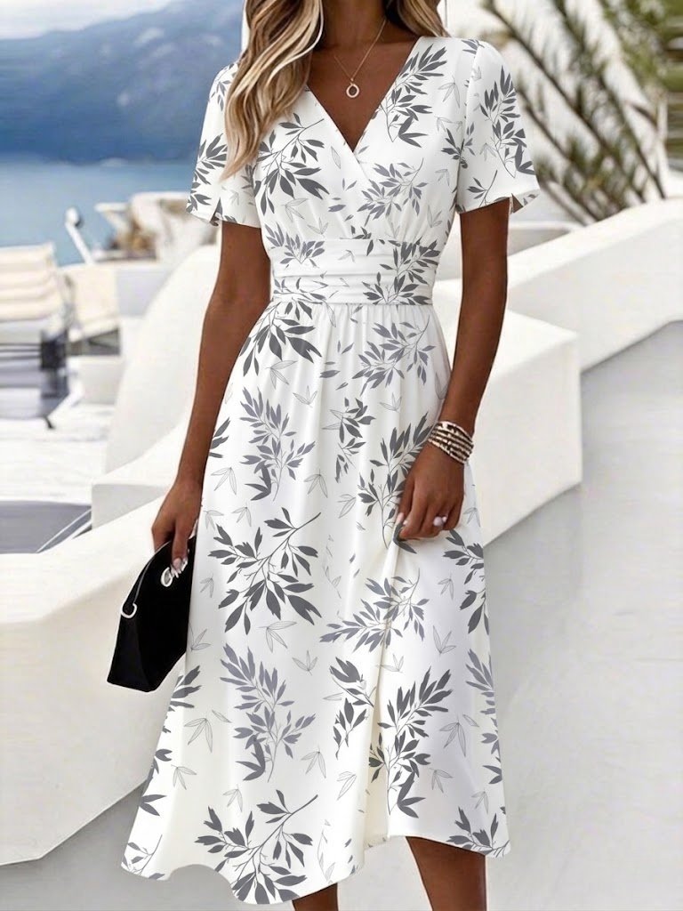 Leaf Print Wrap V Neck Midi Dress Short Sleeve High Waist A Line Flowy Casual Dress