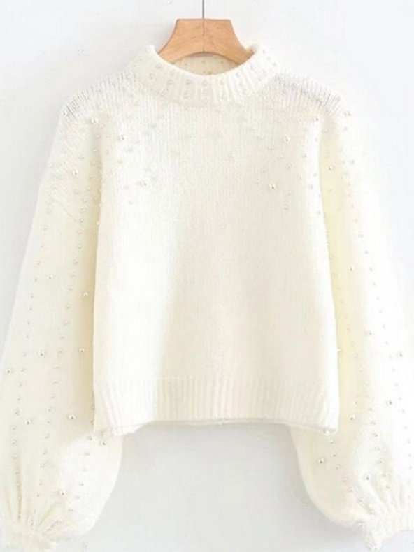 Girly Balloon Sleeve Plain Mock Neck Cotton-Blend Sweater