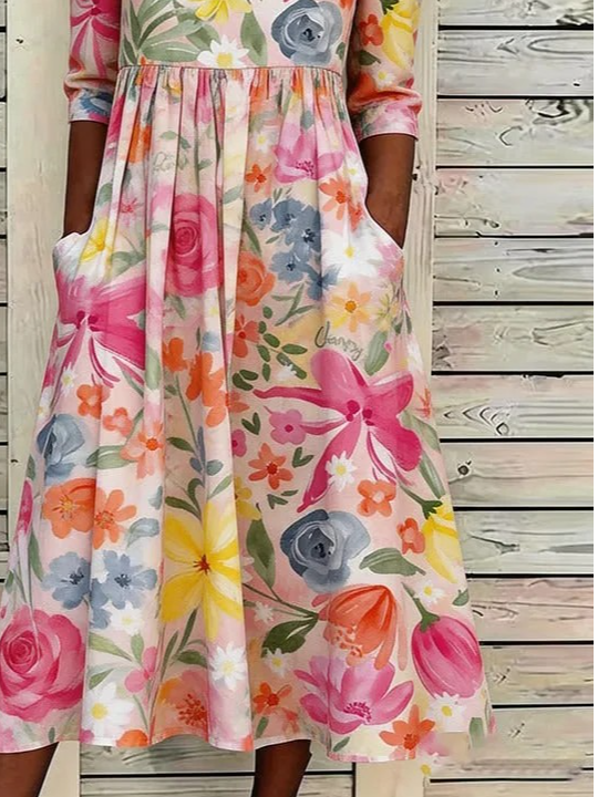 Loose Floral Casual Crew Neck Dress With No