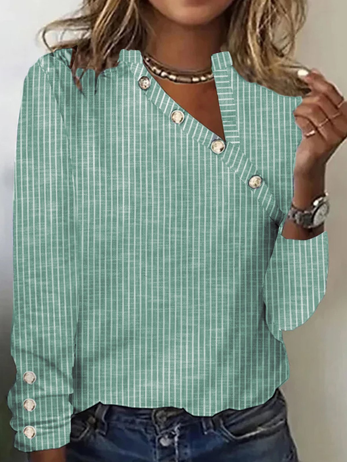 Striped Buttoned Asymmetrical Neck Casual Loose Long Sleeve T-Shirt