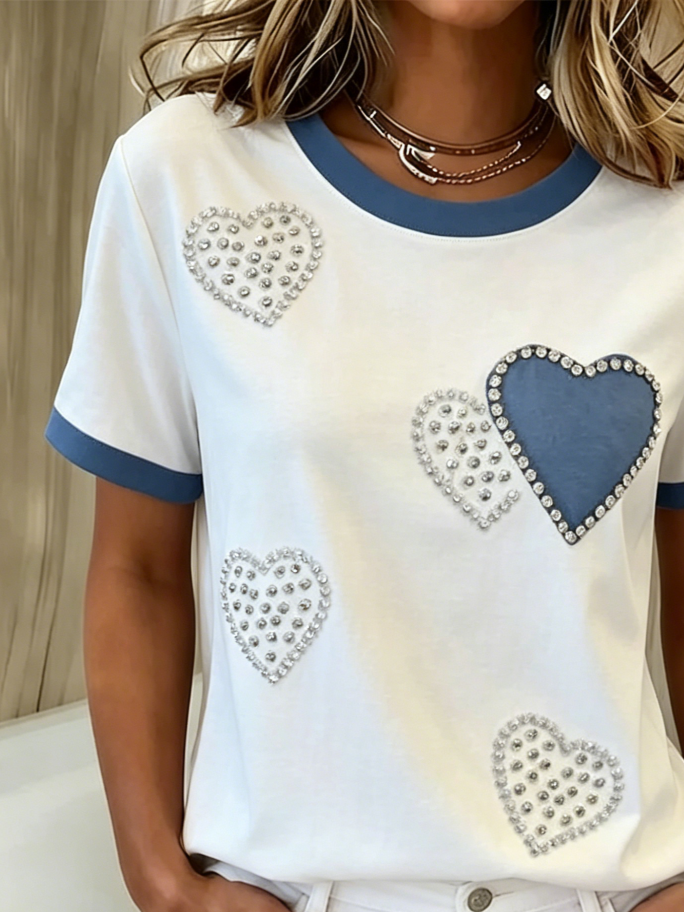 Cotton Crew Neck Casual Heart/Cordate T-Shirt