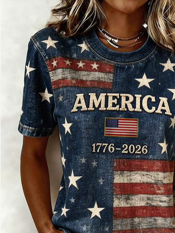 Women's Short Sleeve T-shirt Summer Navyblue Independence Day (Flag) Printing Jersey Crew Neck Daily Going Out Casual Top