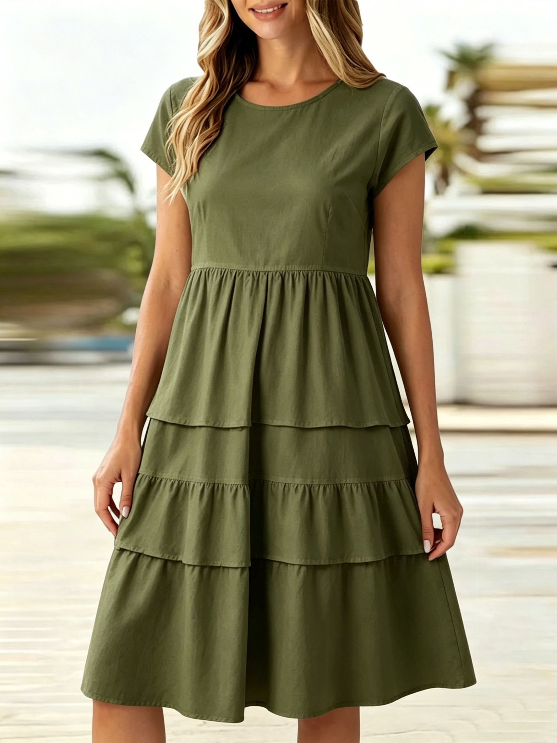 Regular Fit Cotton-Like Crease Casual Crew Neck Cap Sleeve Plain Ruffle Hem Dress With No