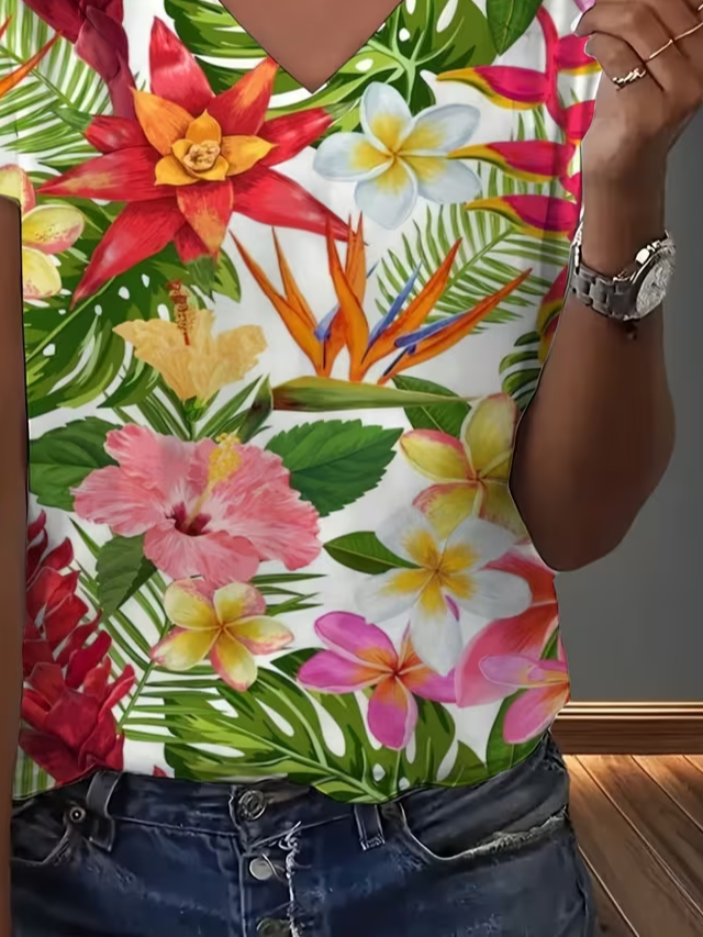 Women's Short Sleeve T-shirt Summer As Picture Floral Printing V Neck Holiday Going Out Vintage Top