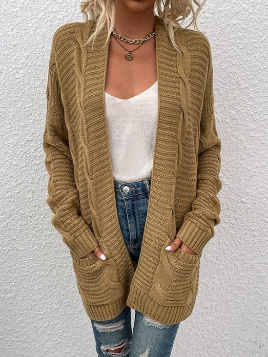 Vintage Split Joint Cable Knit Jacquard Cardigan Sweater Mid-Length Twisted Cord Cardigan