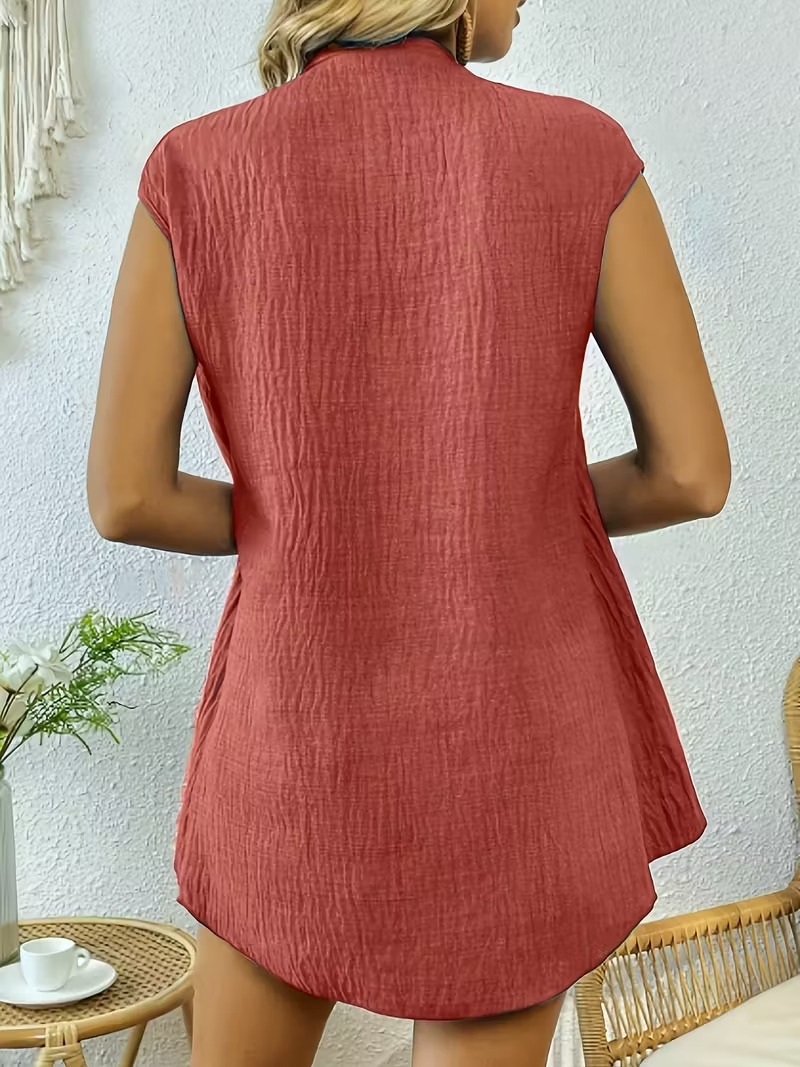 Plain Elegant Fake 2in 1 Stand Collar Short Sleeve Button Casual Shirt