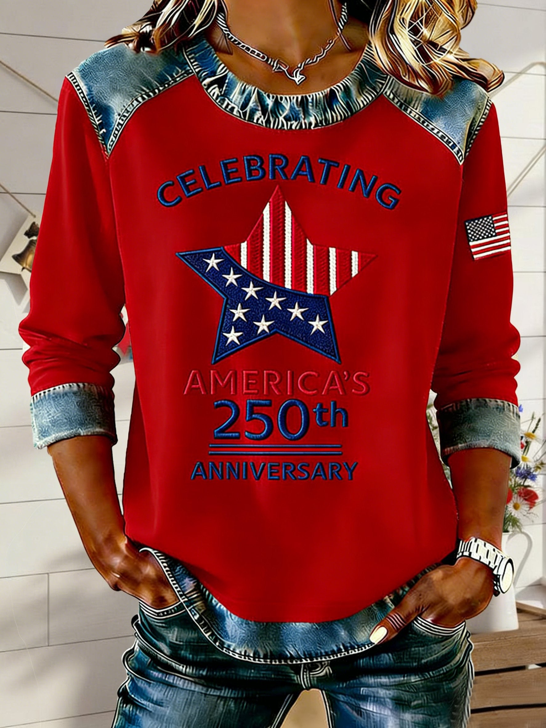 Street Denim Color Block Letter Pattern Round Neck Long Sleeve Independence Day Going Out Casual Sweatshirt