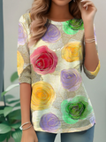 Women's Floral Pattern T-Shirt Elegant Retro Round Neck Long Sleeve Top For Daily Spring And Autumn