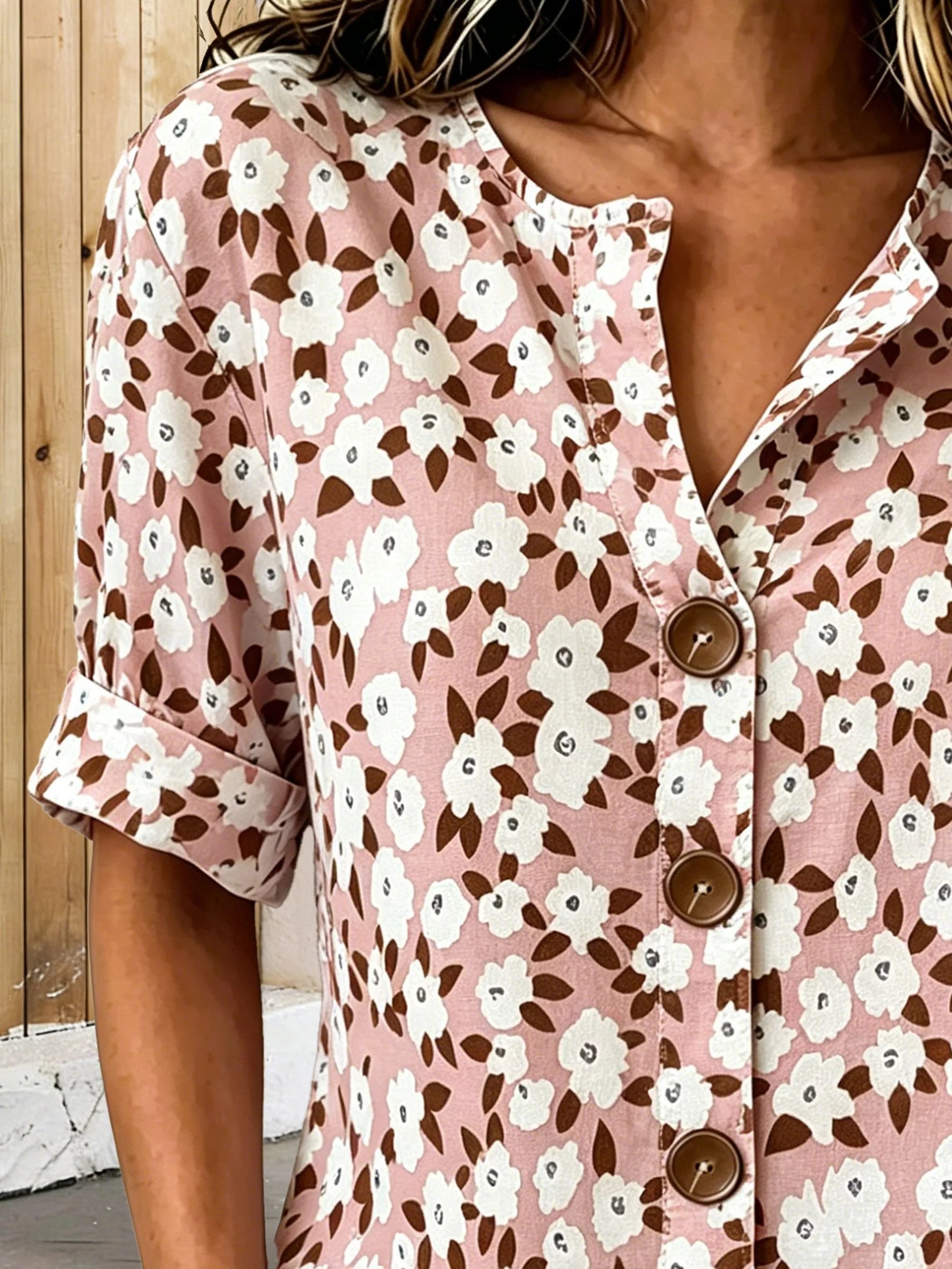Vintage Pink Floral Stand Collar Botton Spring Summer Linen Blend Casual Shirt
