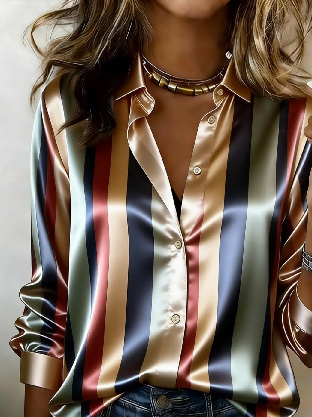 Women's Long Sleeve Shirt Spring/Fall As Picture Striped Shawl Collar Daily Going Out Casual Top