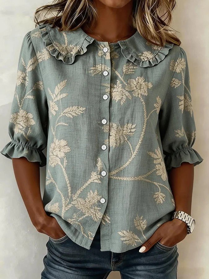 Women's Casual Peter Pan Collar Printed Cotton Linen Shirt