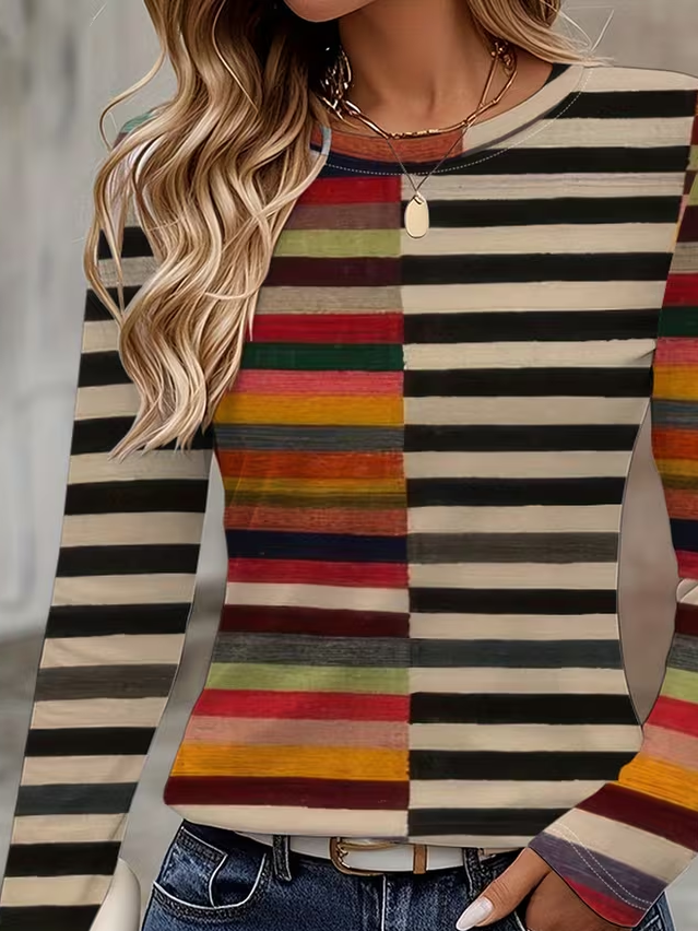 Women's Long Sleeve T-shirt Spring/Fall As Picture Striped Printing Jersey Crew Neck Daily Going Out Casual Top