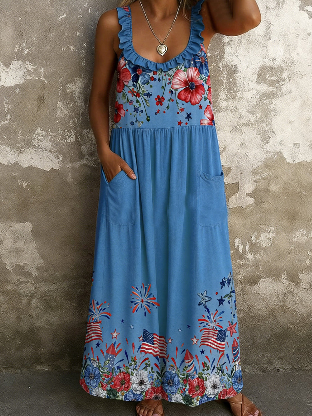 3D Printing Floral America Flag Sleeveless Ruffle Round Neck Pocket Vaation Casual Maxi Dress