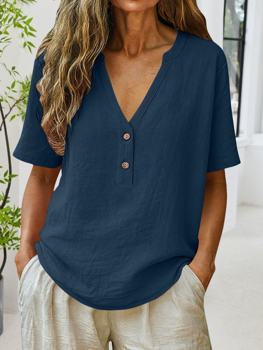 Women's Short Sleeve T-shirt Summer Blue Plain Split Joint V Neck Daily Going Out Casual Top