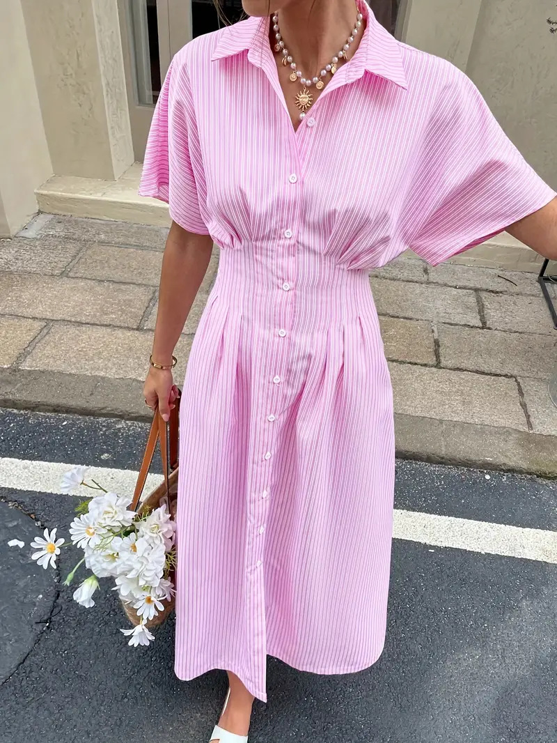 Blue Striped Slim Waist Short Sleeve Round Neck Short Dress