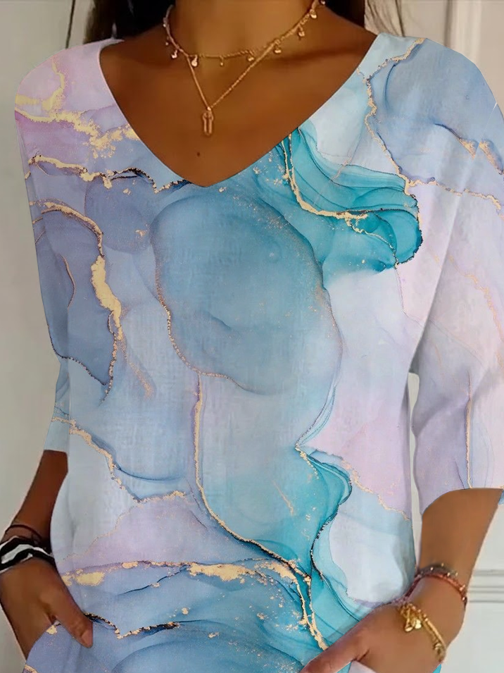 Women's Three Quarter Sleeve T-shirt Spring/Fall Green Abstract Printing V Neck Daily Going Out Casual Top