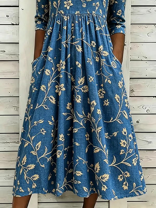 Women's Half Sleeve Summer Blue Floral Printing Crew Neck Daily Going Out Casual Maxi H-Line Dress