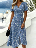 Floral Printed V Neck Short Sleeve Summer Casual Maxi Dress