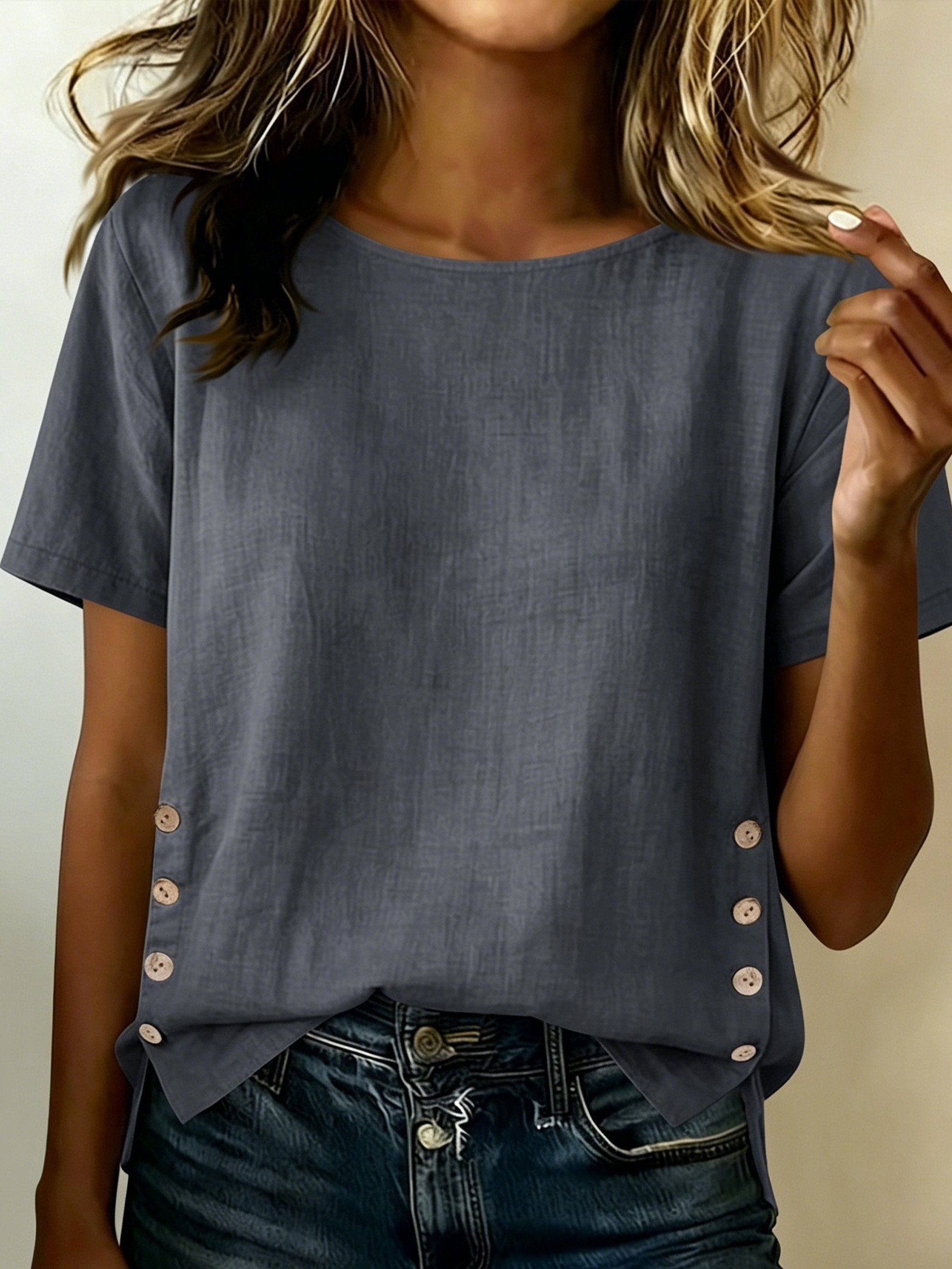 Cotton Linen Vintage Plain Round Neck Short Sleeve Side Button Casual Top