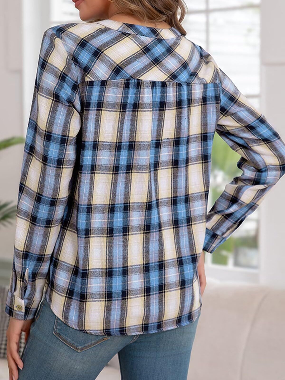 Women's Long Sleeve Shirt Spring/Fall Blue Plaid Split Joint V Neck Daily Going Out Casual Top