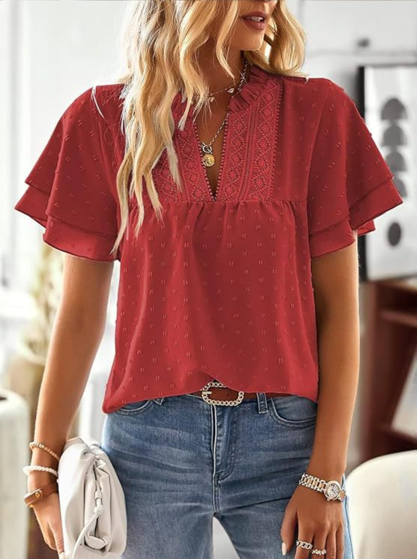 Loose V Neck Ruffle Short Sleeve Lace Elegant Blouse