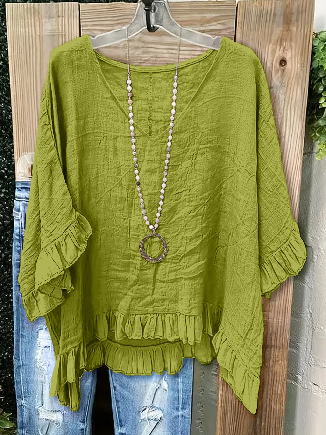Women's Polyester Cotton V Neck Short Sleeve Ruffle Cuff Top Daily Going Out Plain Loose Casual Blouse
