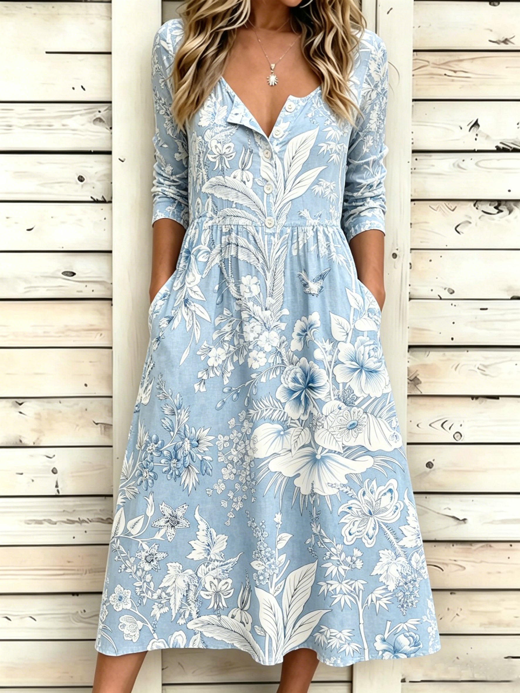 Botanical Print Half Sleeve Round Neck Button A-Line Vintage Casual Dress