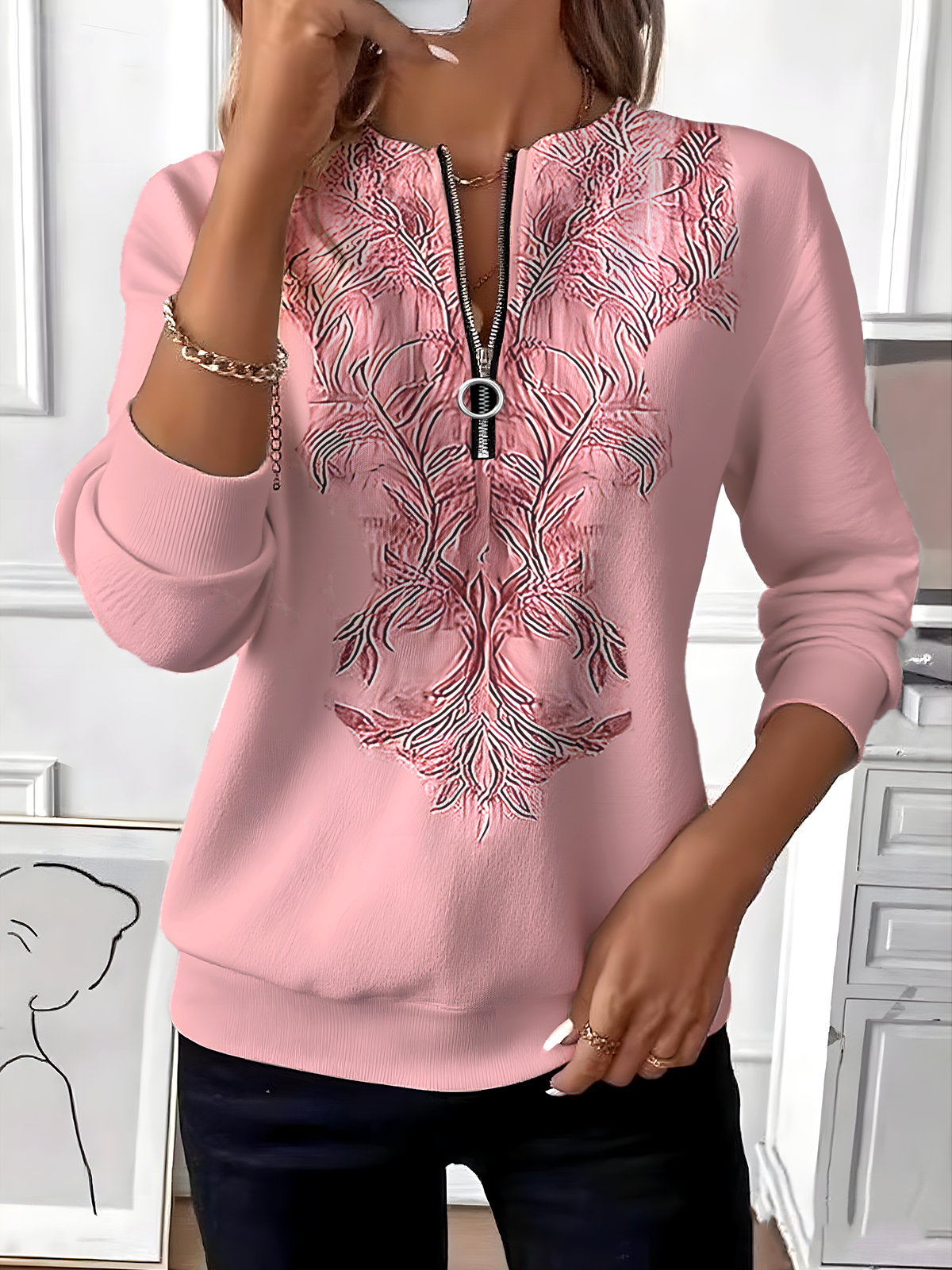 Women's Retro Art Graphic Design Everyday Long Sleeve Center Front Zip Sweatshirt