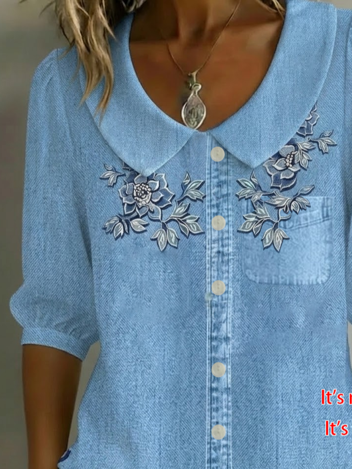 Women's Half Sleeve Shirt Summer Blue Floral Printing Shawl Collar Daily Going Out Casual Top
