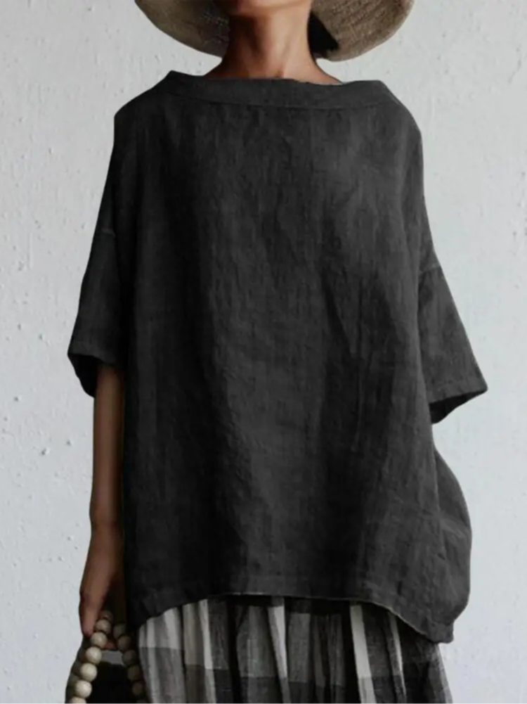 Cotton Casual Plain Crew Neck Blouse