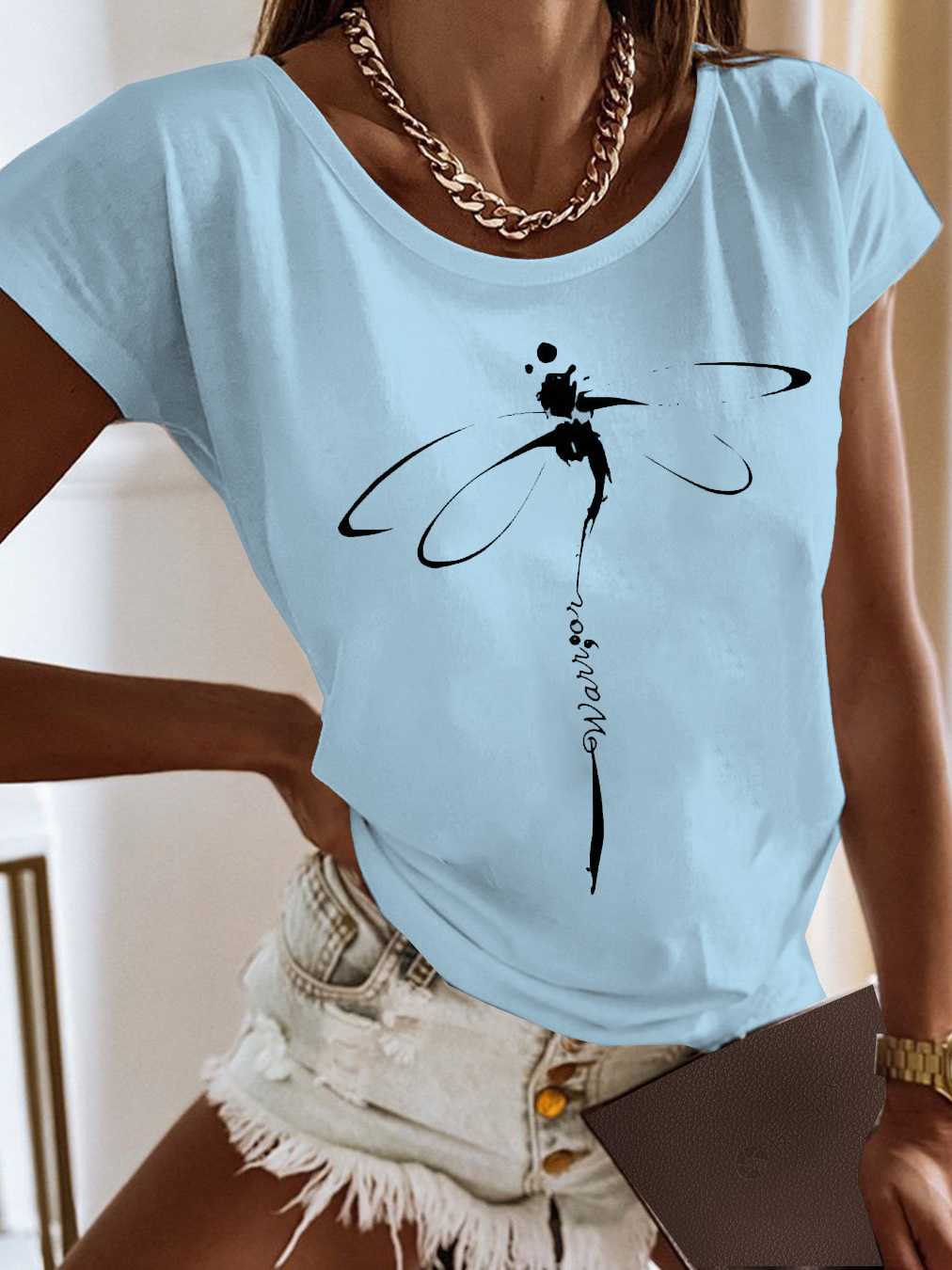 Basic Casual Loose Dragonfly Logo Crew Neck Jersey Short Sleeves T-Shirt