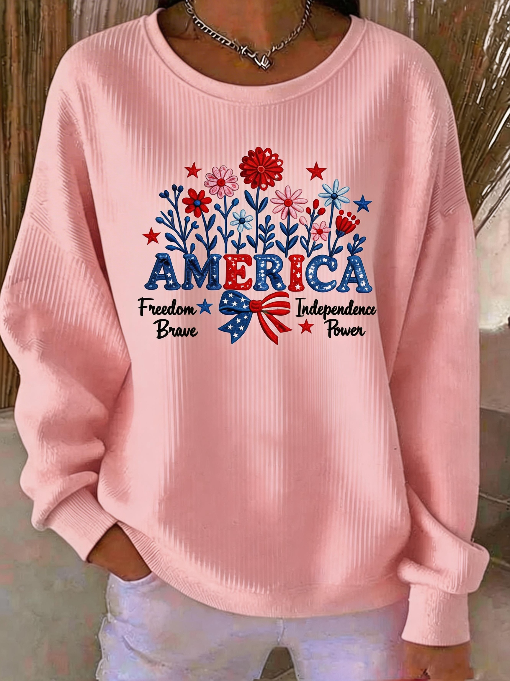 Patriotic Floral 'AMERICA' Ribbed Sweatshirt