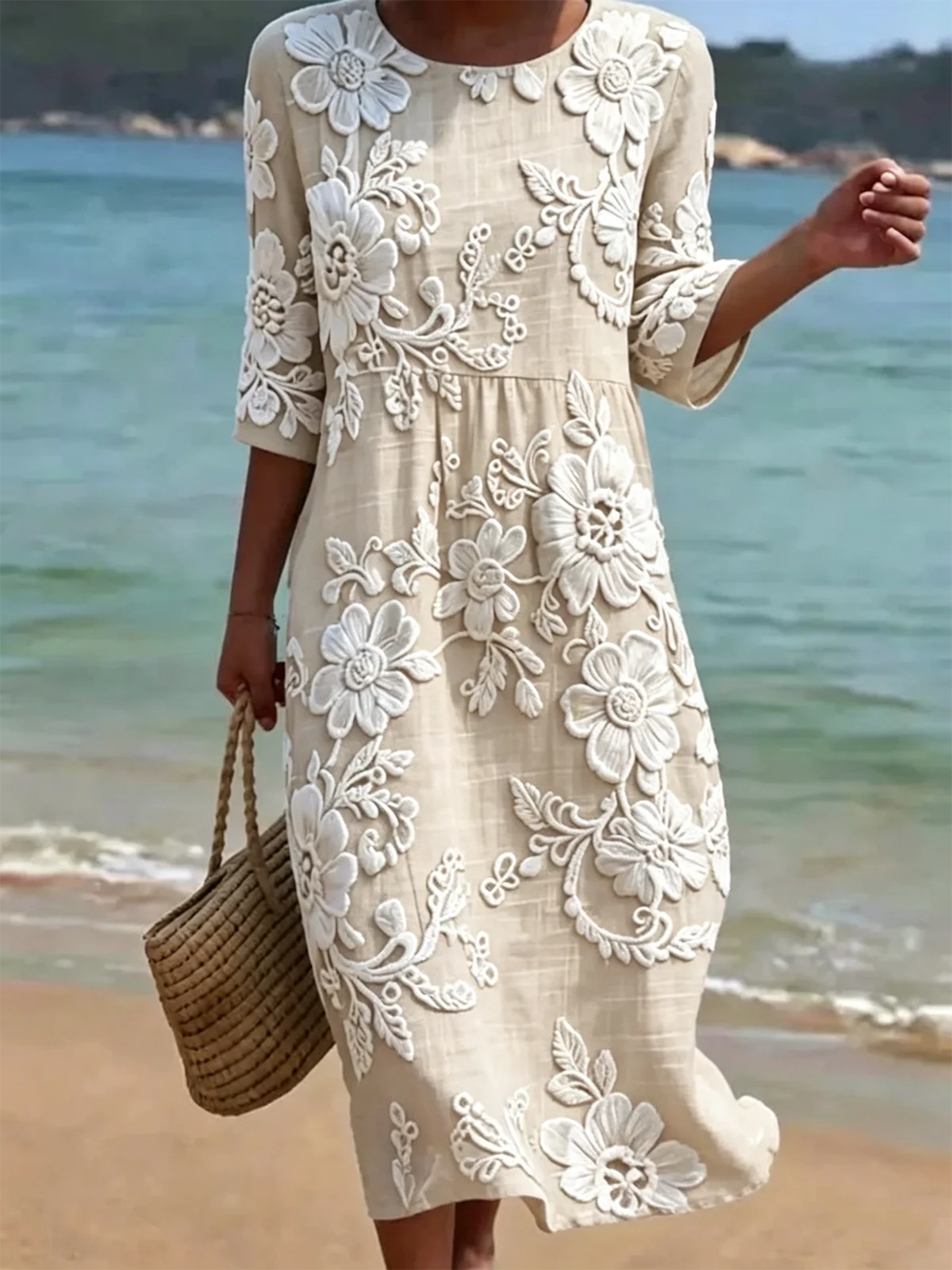 Light Blue Floral Print Half Sleeve Round Neck Midi Dress