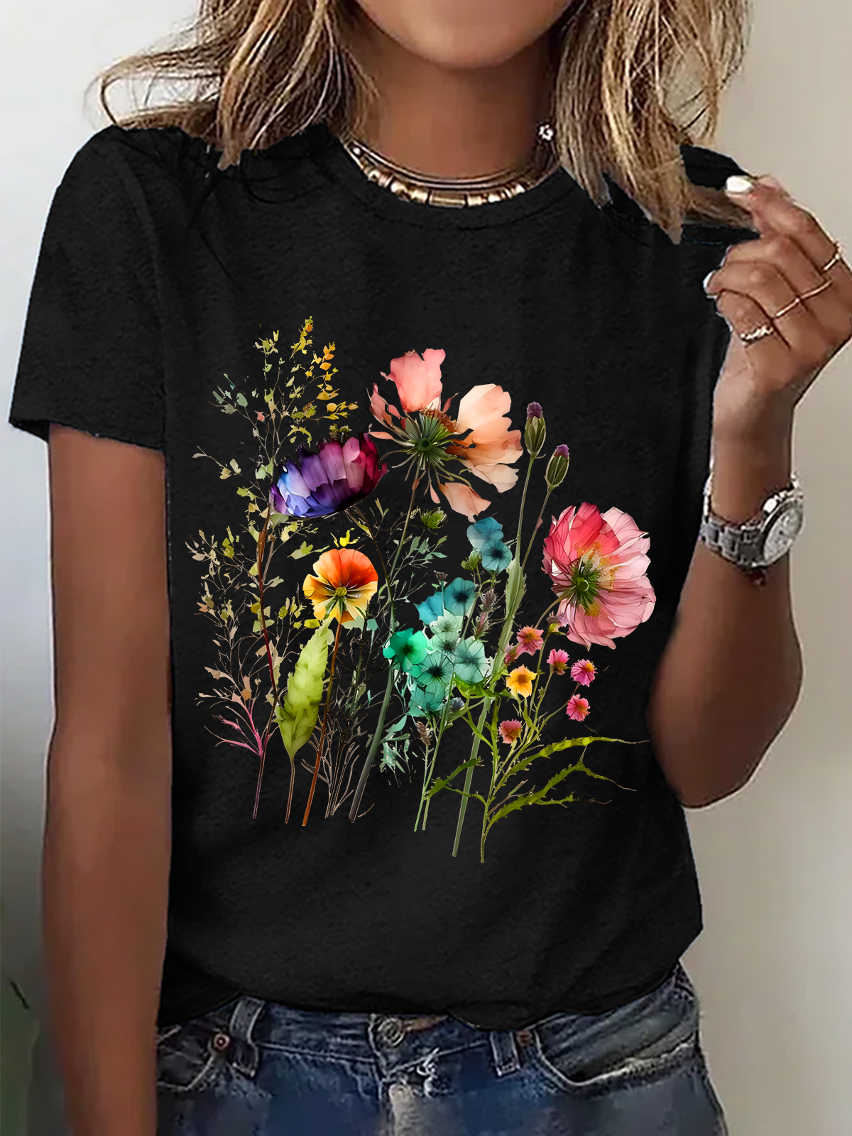 Womens Cotton Floral Crew Neck T Shirts Cotton T-Shirt