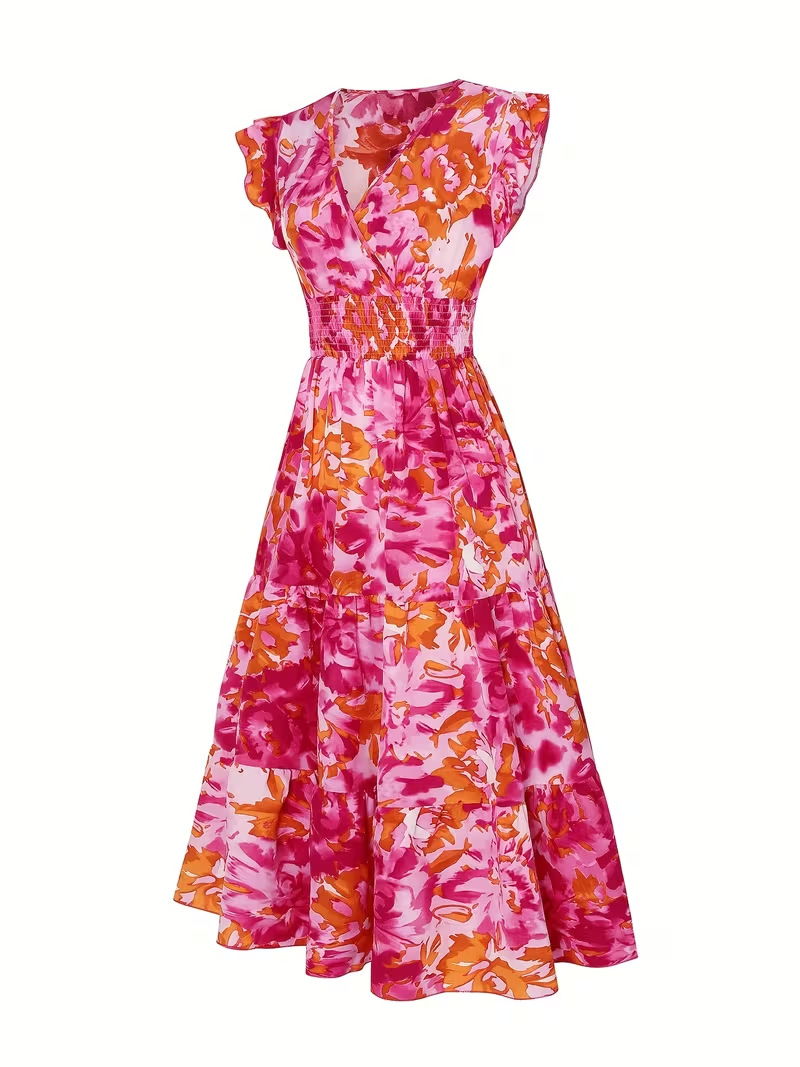 Abstract Foloral Print V Neck Ruffle Sleeve Smock Vacation Summer Going Out Maxi Dress