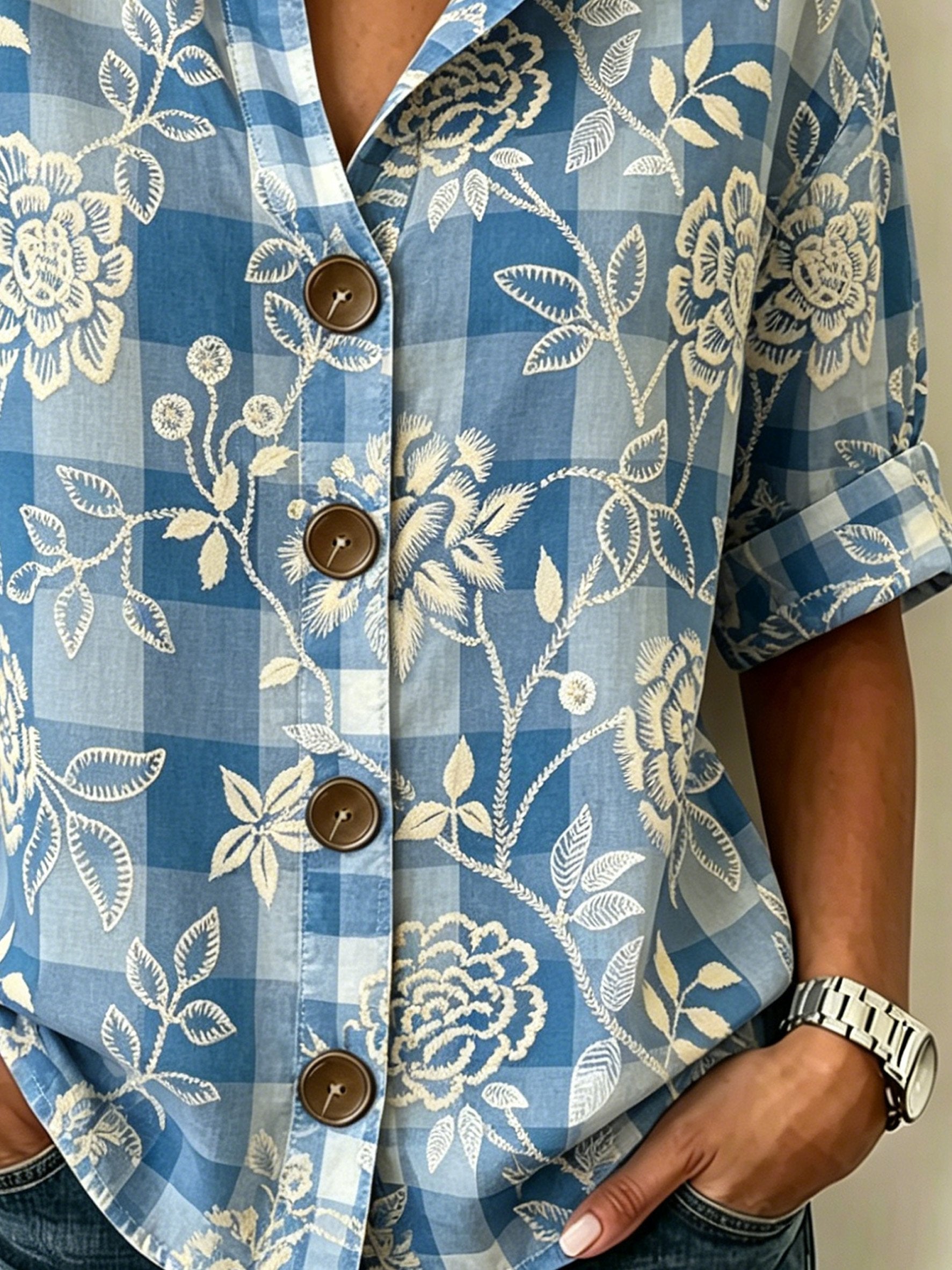 Plaid Floral Printed Stand Collar Botton Spring Summer Linen Blend Casual Shirt