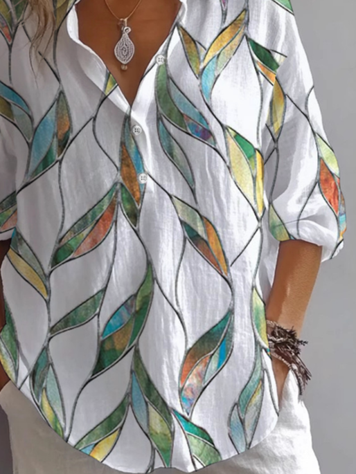 Women's Long Sleeve Shirt Spring/Fall White Floral Printing Shirt Collar Daily Going Out Casual Top
