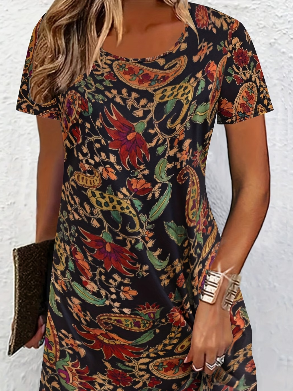 Women's Short Sleeve Summer Black Floral Printing Crew Neck Daily Going Out Casual Midi A-Line T-Shirt Dress Dress