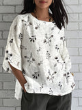 Floral Crew Neck Linen Blend Simple Shirt