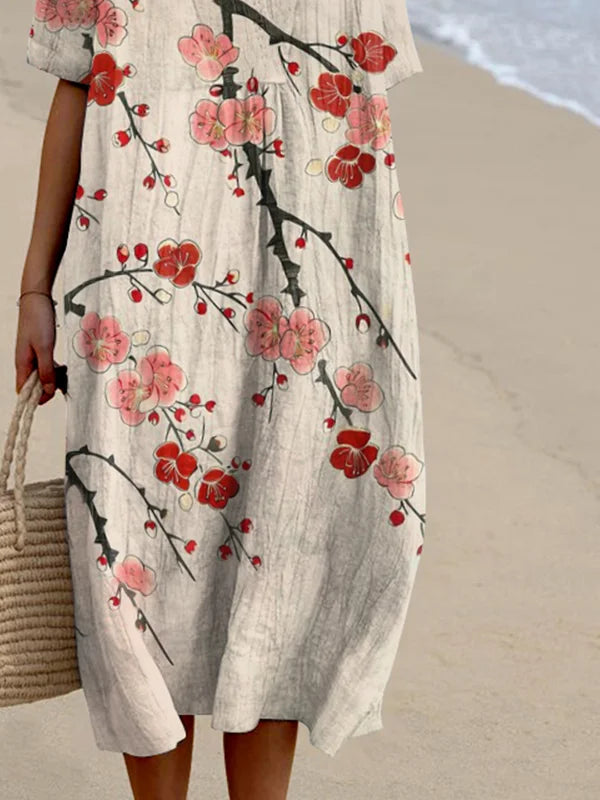 Vintage Plum Blossom Art Printed V Neck Casual Midi Dress
