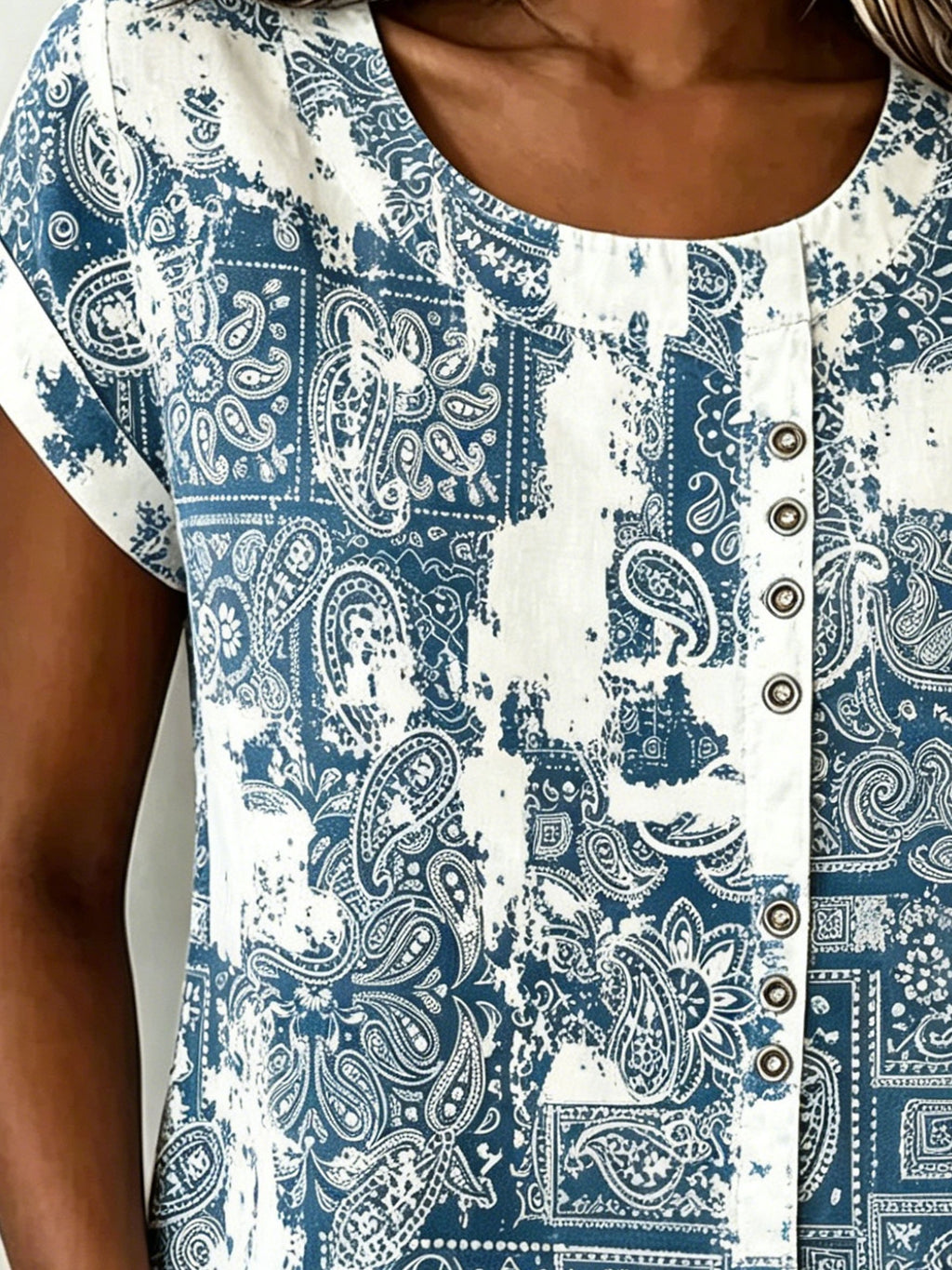 Paisley Casual Linen Blend Crew Neck Loose Casual Top