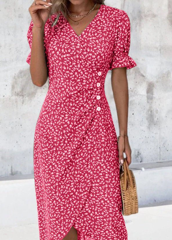 Ditsy Floral Puff Sleeve Wrap Midi Dress Elegant V Neck Summer Dress