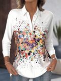Women's Artistic Pattern Patch Pocket Long Sleeve Shirt Loose and Comfortable Regular Top