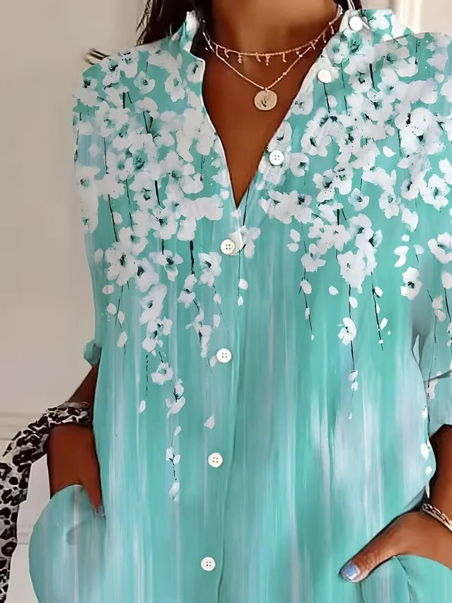 Women's Long Sleeve Shirt Spring/Fall Green Floral Buckle Shirt Collar Regular Sleeve Daily Going Out Casual Top