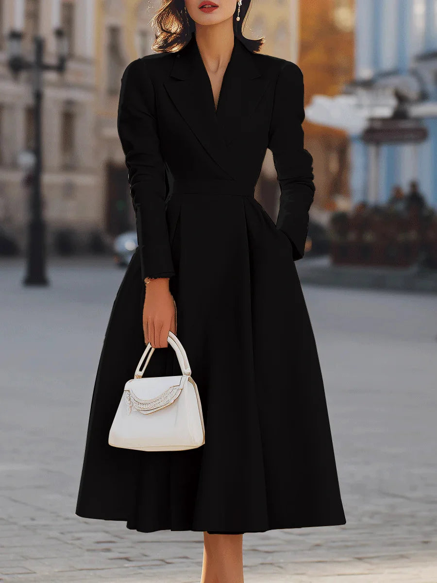 Women's White Blazer Dress Long Sleeve Lapel V Neck A-Line Midi Dress Elegant Dress