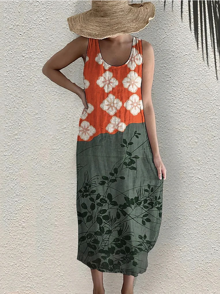 Japanese Art Flower Print Sleeveless Casual Linen Blend Midi Dress